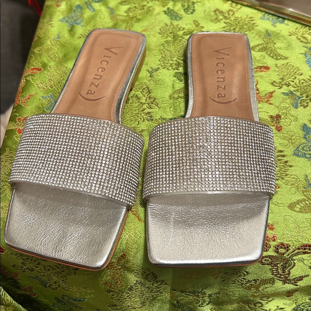 Vicenza Rhinestone Slide Sandals | Silver Leather | Size 7
